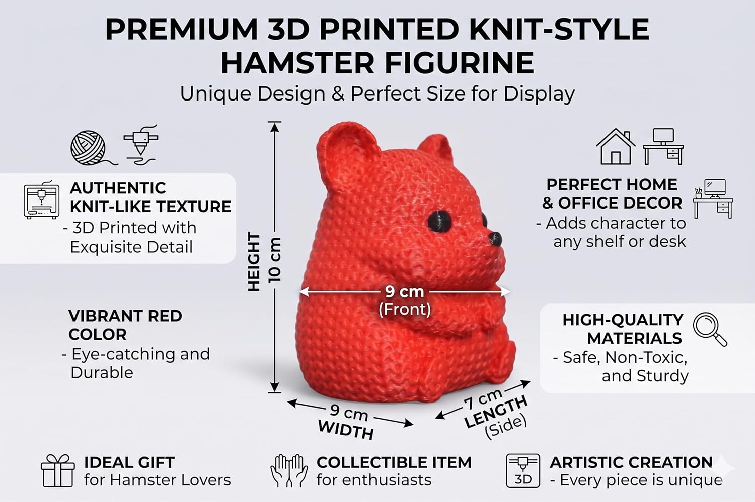 Knit-Style Hamster Quokka Figurine Red Animal Decor | Unique Textured Desk Ornament | Cute Collectible Gift for Animal Lovers | Faux Crochet Style Statue - Image 3